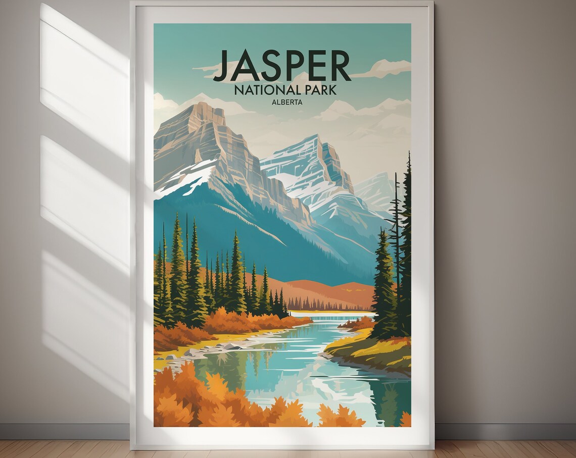 Jasper National Park Alberta Rocky Peaks River Forest Poster