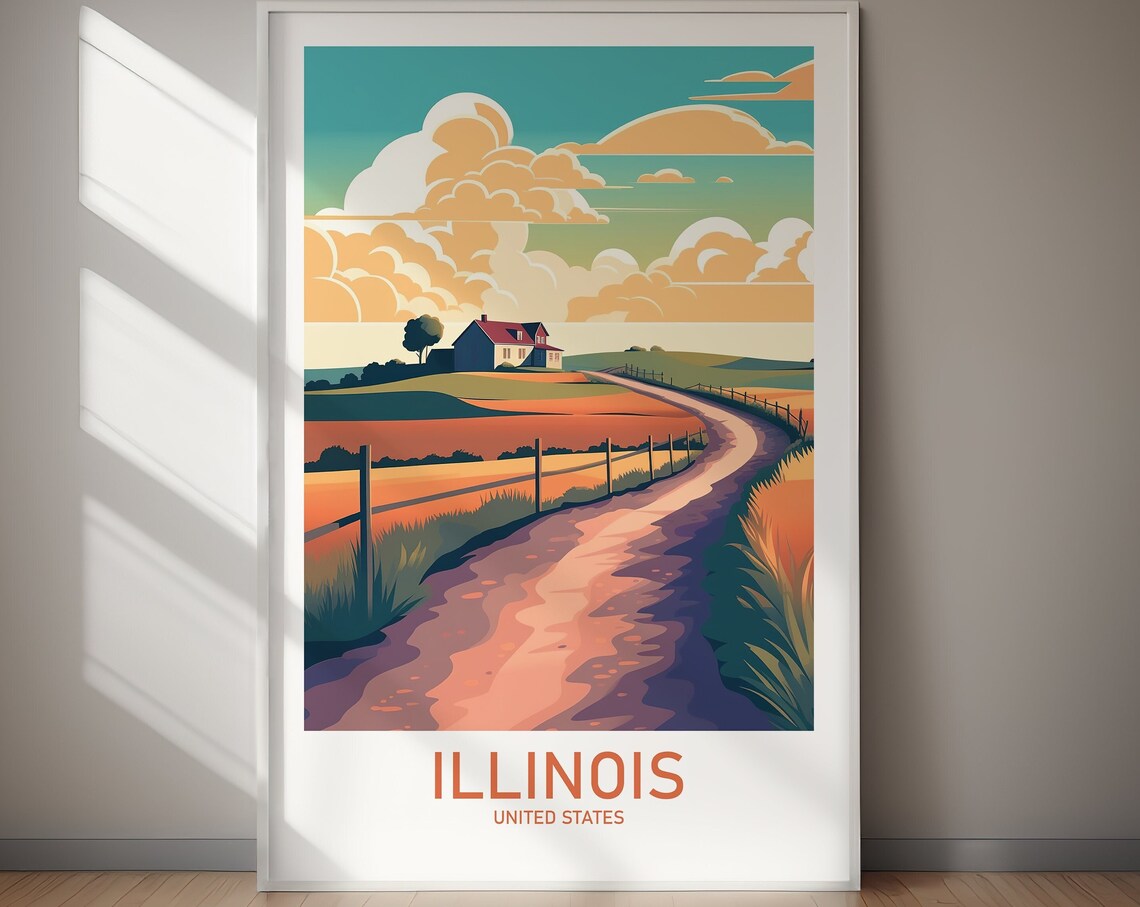 Illinois Country Farmhouse Winding Road Retro Vintage Travel Poster
