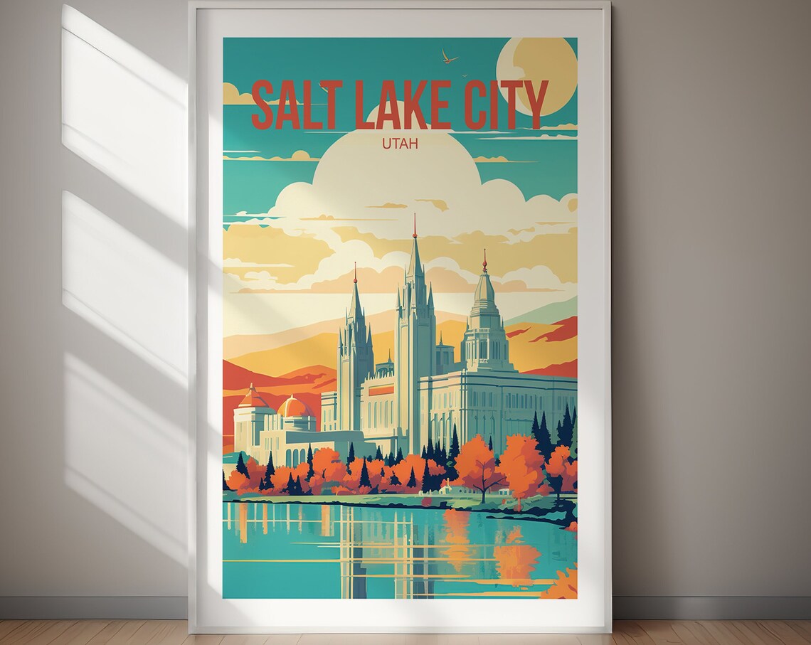 Salt Lake City Utah Temple Sunset Retro Travel Poster Mountain Art