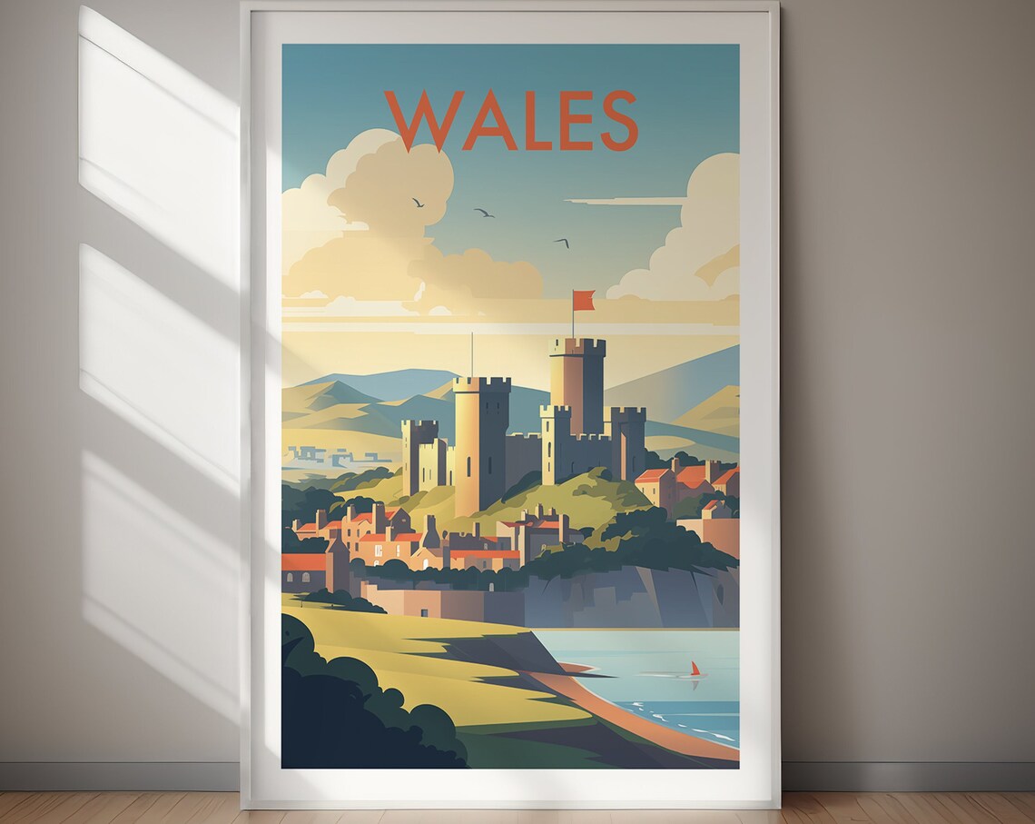Wales Historic Coastal Castle Beach Sailboat Vintage Travel Poster