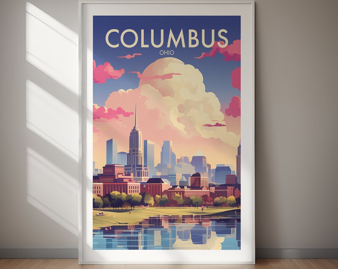 Columbus Ohio Skyline River Sunset Pastel City Art Travel Poster - Image 2