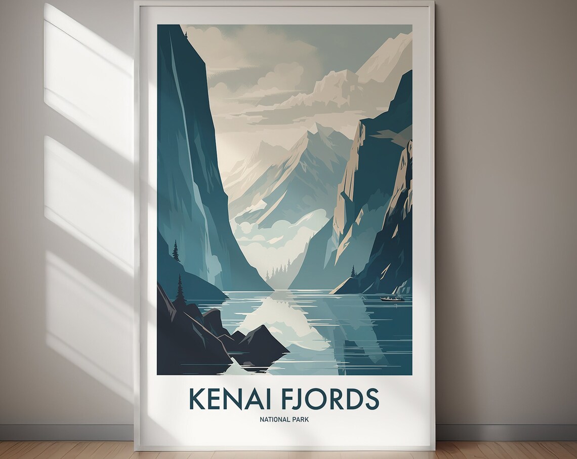 Kenai Fjords National Park Mountain Fjord Boat Vintage Style Poster