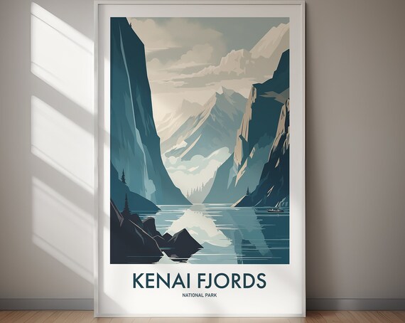 Kenai Fjords National Park Mountain Fjord Boat Vintage Style Poster