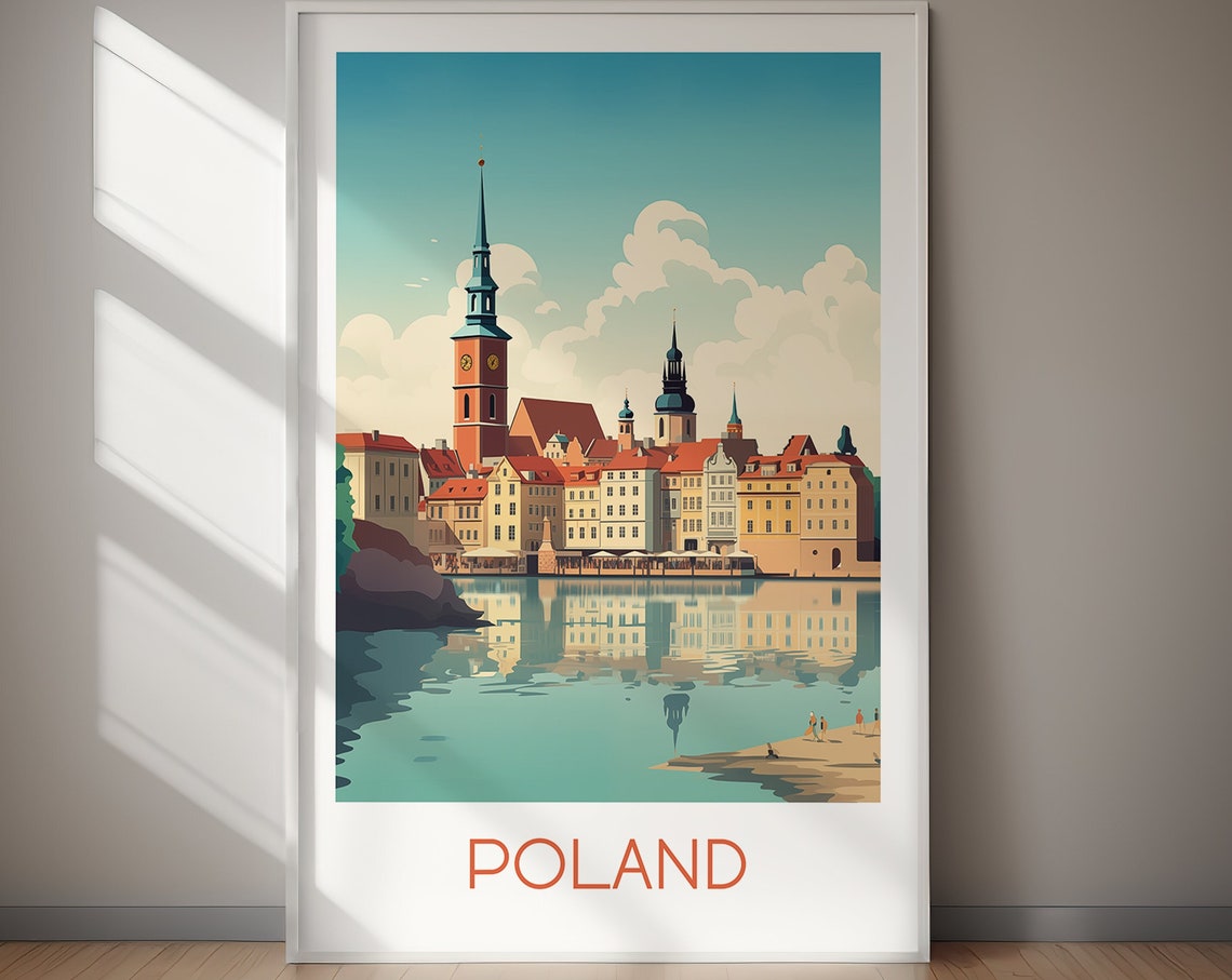 Poland Old Town Riverfront Church Tower Vintage Style Poster