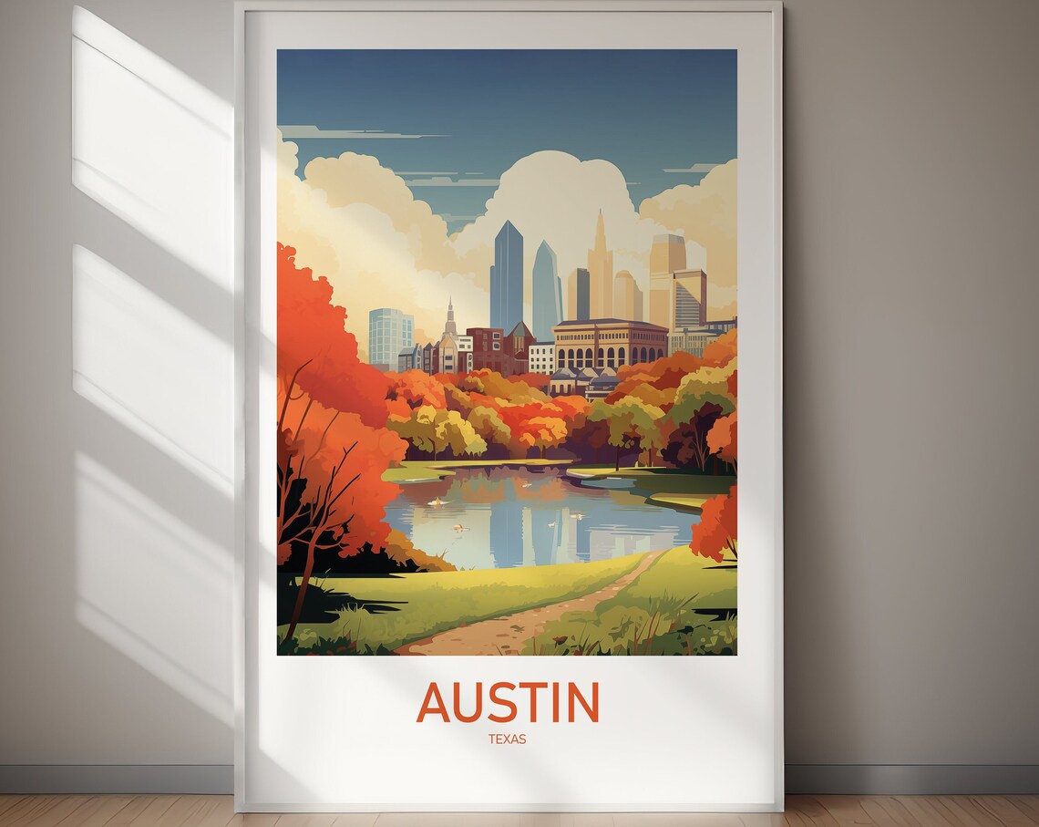 Austin Texas Autumn Park Lake Skyline Reflections Travel Poster