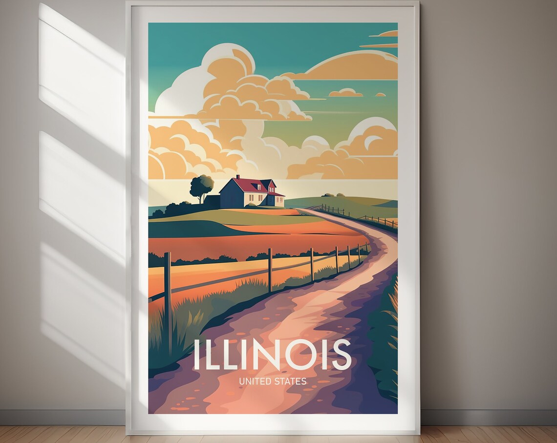 Illinois Farmhouse Country Road Golden Fields Retro Travel Poster