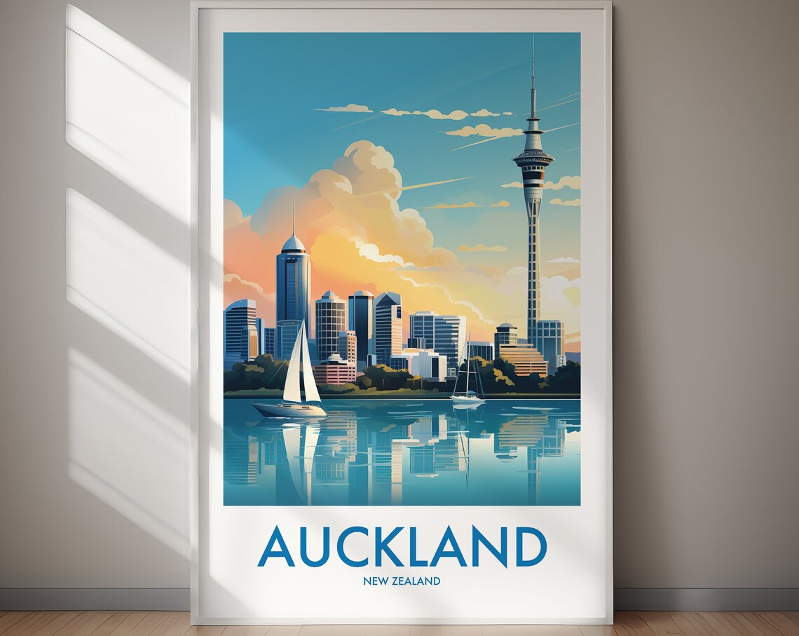 Auckland New Zealand Sky Tower Harbor Sailboats Vintage Travel Poster