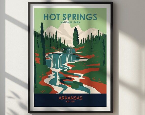 Hot Springs National Park Waterfall Forest Retro Travel Poster Art