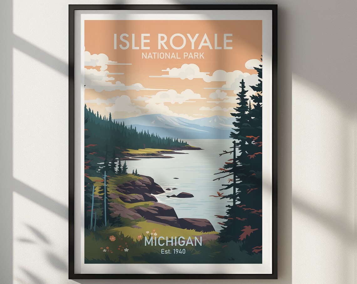 Isle Royale National Park Lake Shore Retro Travel Poster Michigan Art - Image 2