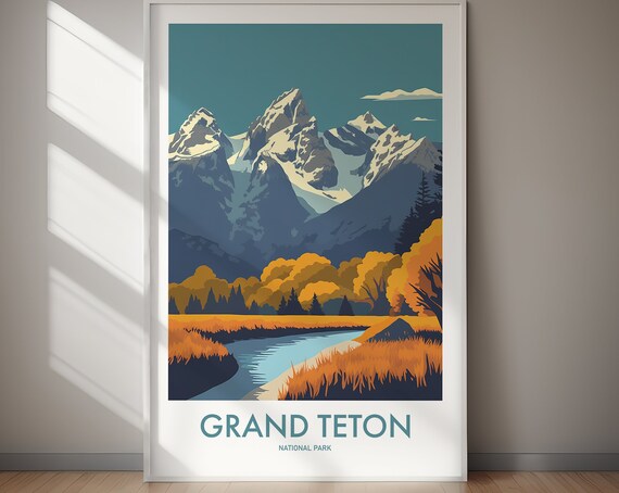 Grand Teton National Park Vintage Snowy Peaks Autumn Meadow Poster