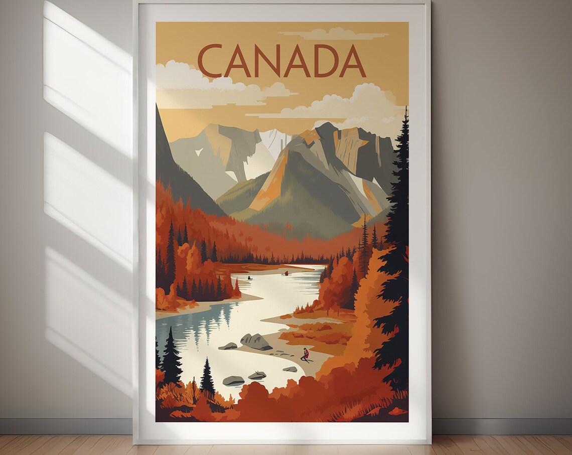 Canada Autumn Mountains River Pines Wilderness Vintage Travel Poster