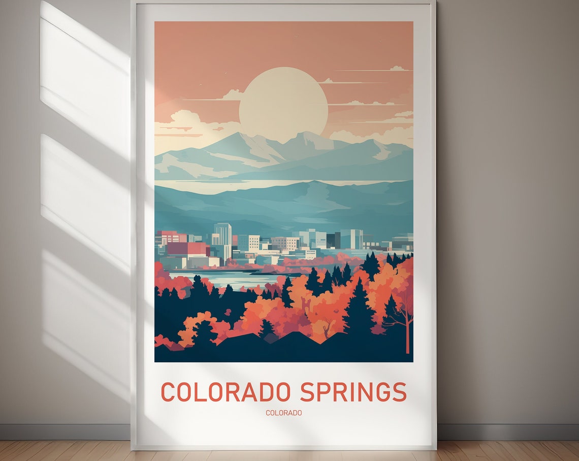 Colorado Springs Mountain Peak Sunset Retro Travel Poster Fall Art