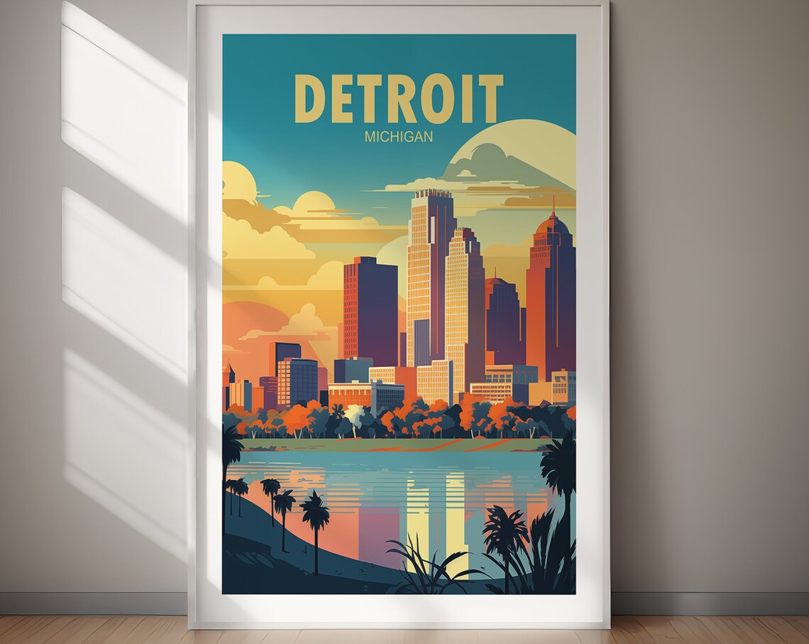 Detroit Michigan Skyline Waterfront Sunset Retro Travel Poster