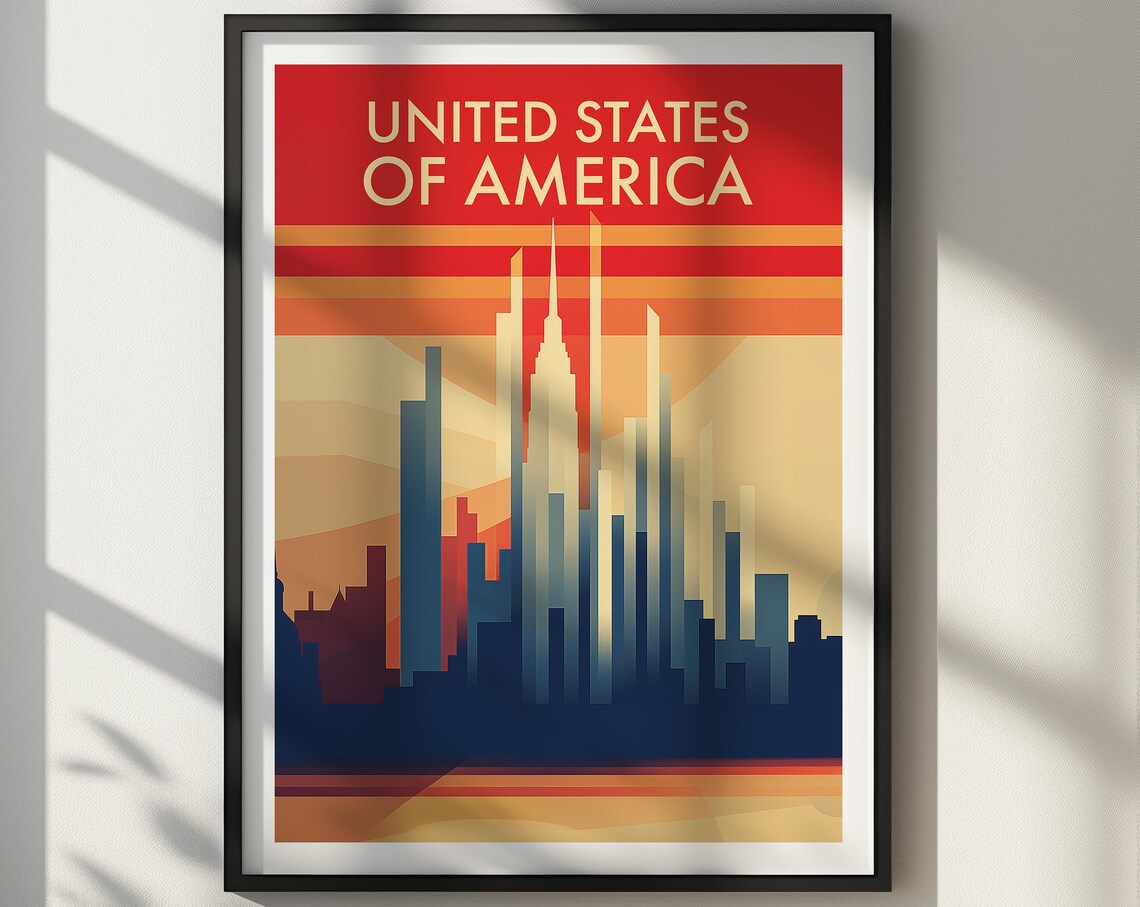 United States of America Retro Skyline Red Sunset Travel Poster - Image 2