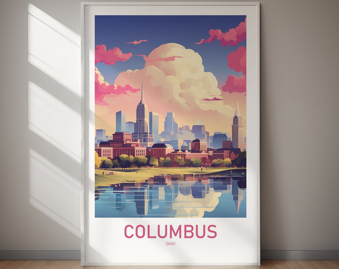 Columbus Ohio Skyline Lake Reflection Sunset Clouds Travel Poster