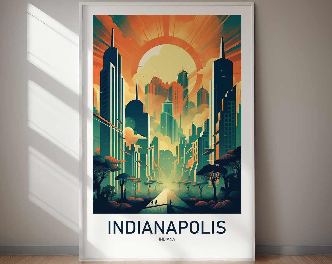 Indianapolis Indiana Art Deco Skyline Sunset Retro Travel Poster Art