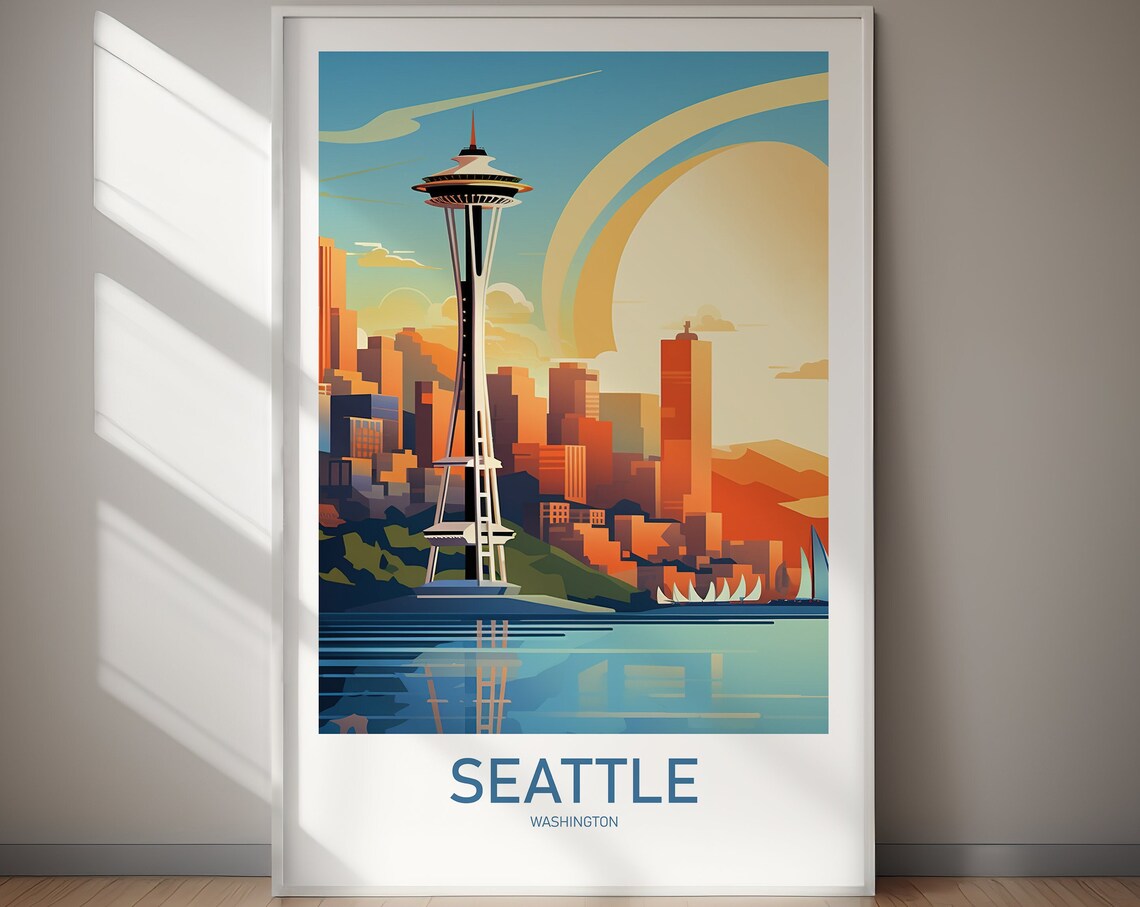 Seattle Washington Space Needle Waterfront Retro Travel Poster Art