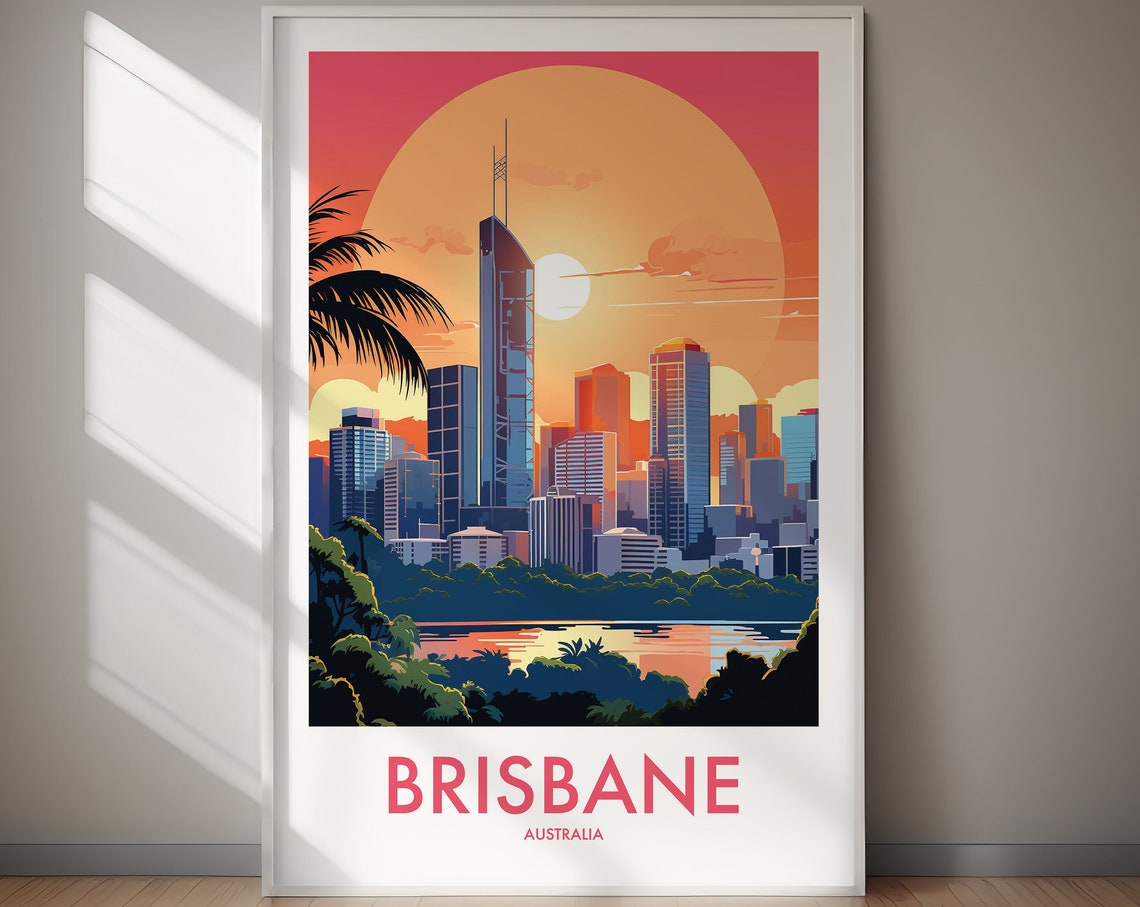 Brisbane Australia City Skyline River Sunset Vintage Travel Poster