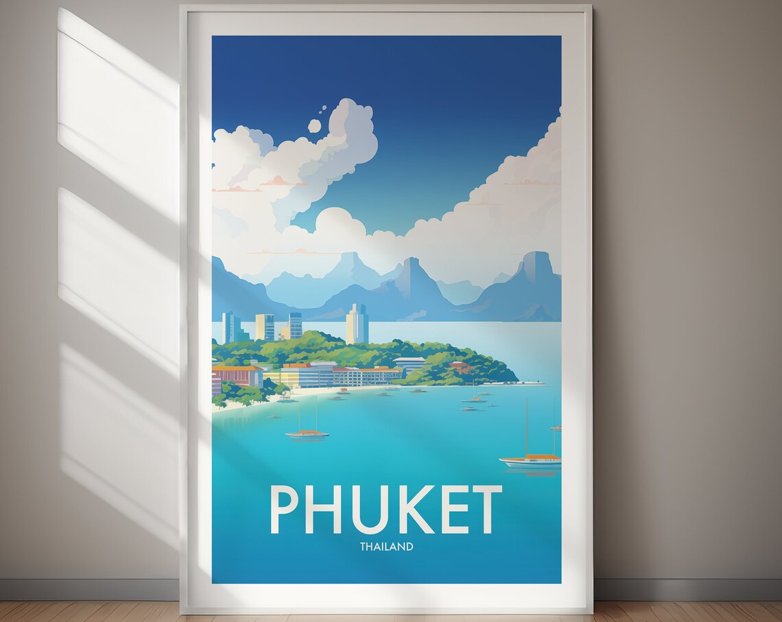 Phuket Thailand Turquoise Bay Sailboats Seaside Island Town Poster