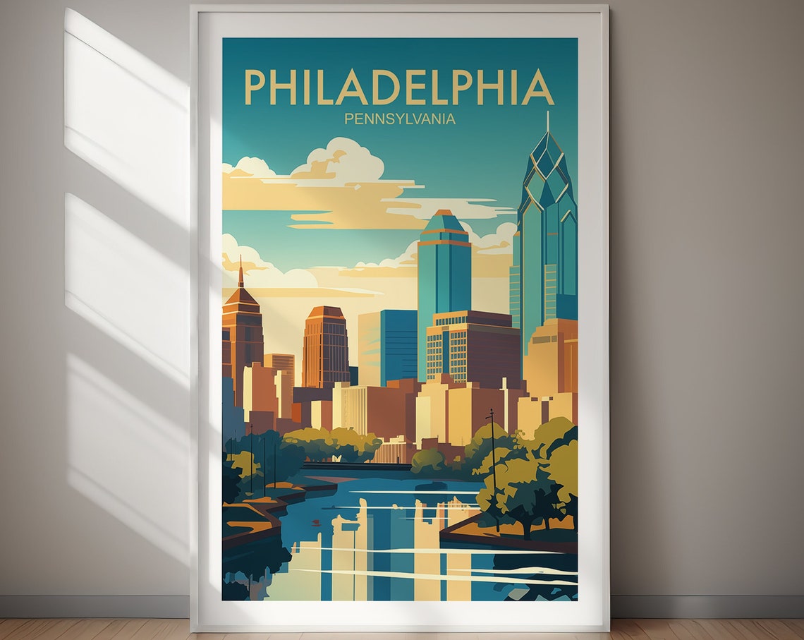 Philadelphia Pennsylvania Skyline River Retro Travel Poster Artwork