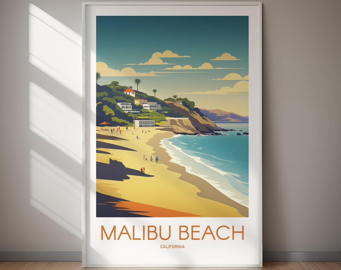 Malibu Beach California Coastline Cliffs Surf Travel Art Poster
