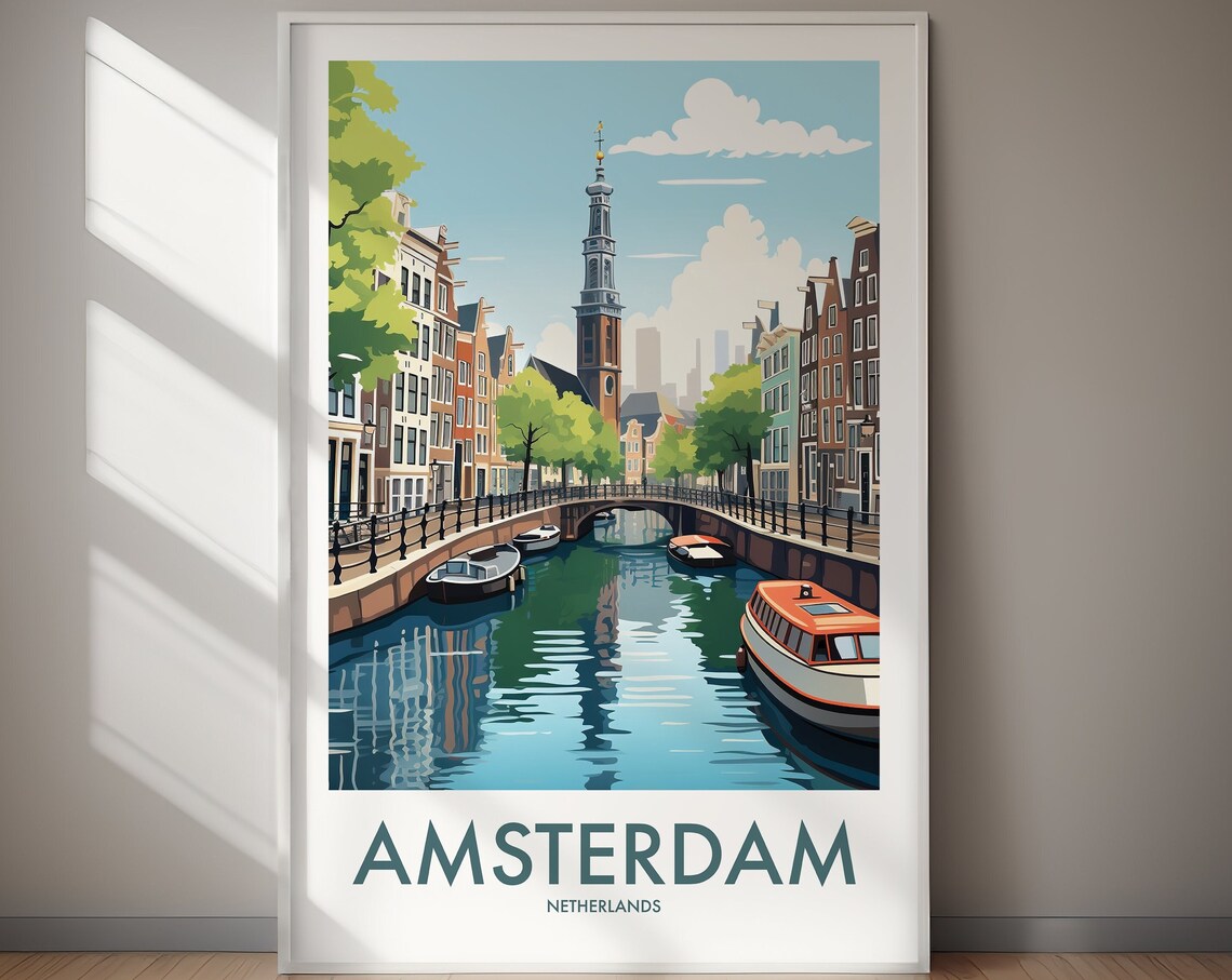 Amsterdam Travel Poster, Netherlands City Wall Art Print