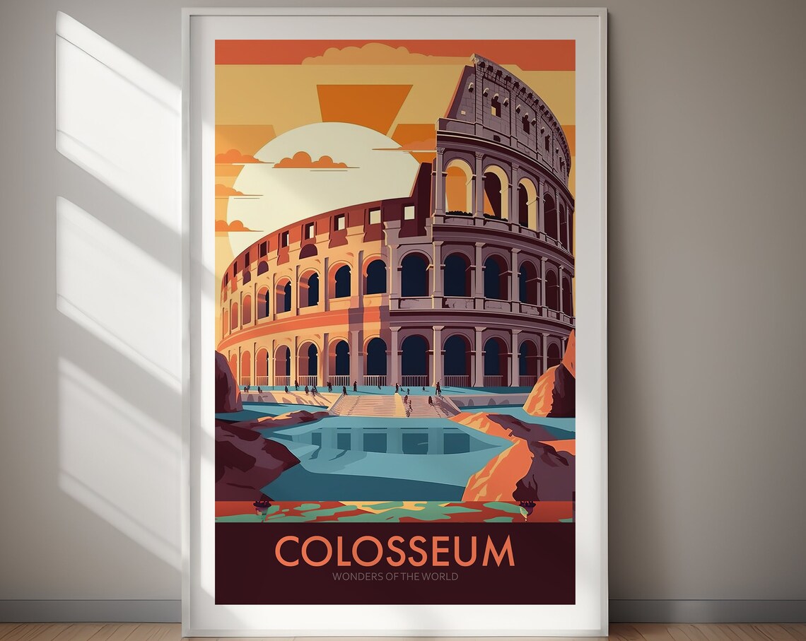 Rome Colosseum Italy Vintage Sunset Wonders of the World Poster