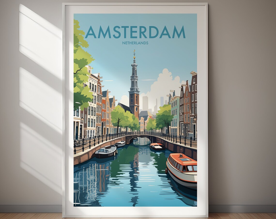 Amsterdam Netherlands Canal Vintage Travel Poster Church Tower Art