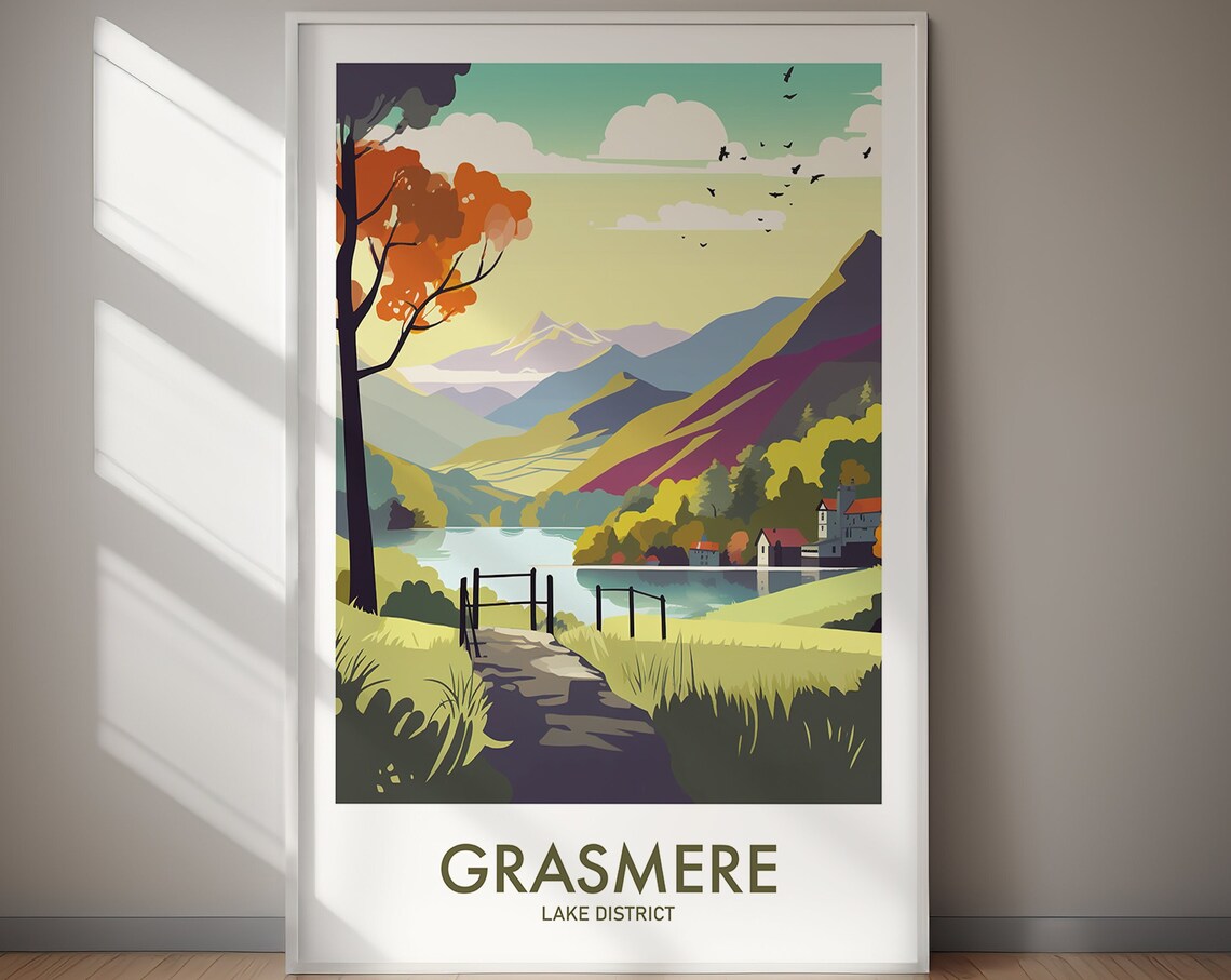 Grasmere Lake District Autumn Lakeside Village Travel Poster
