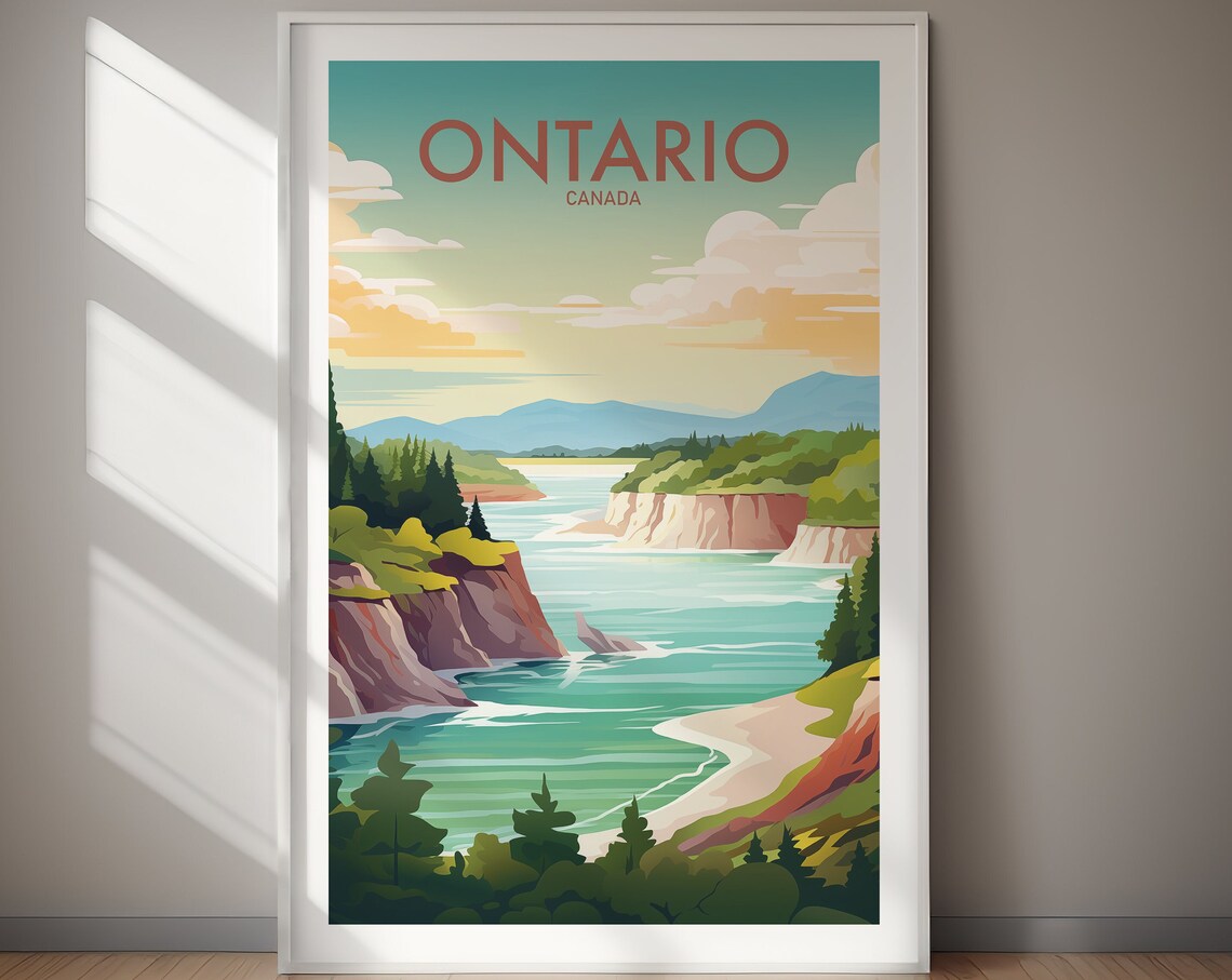 Ontario Canada Rocky Coast Cliffs Turquoise Sea Travel Poster