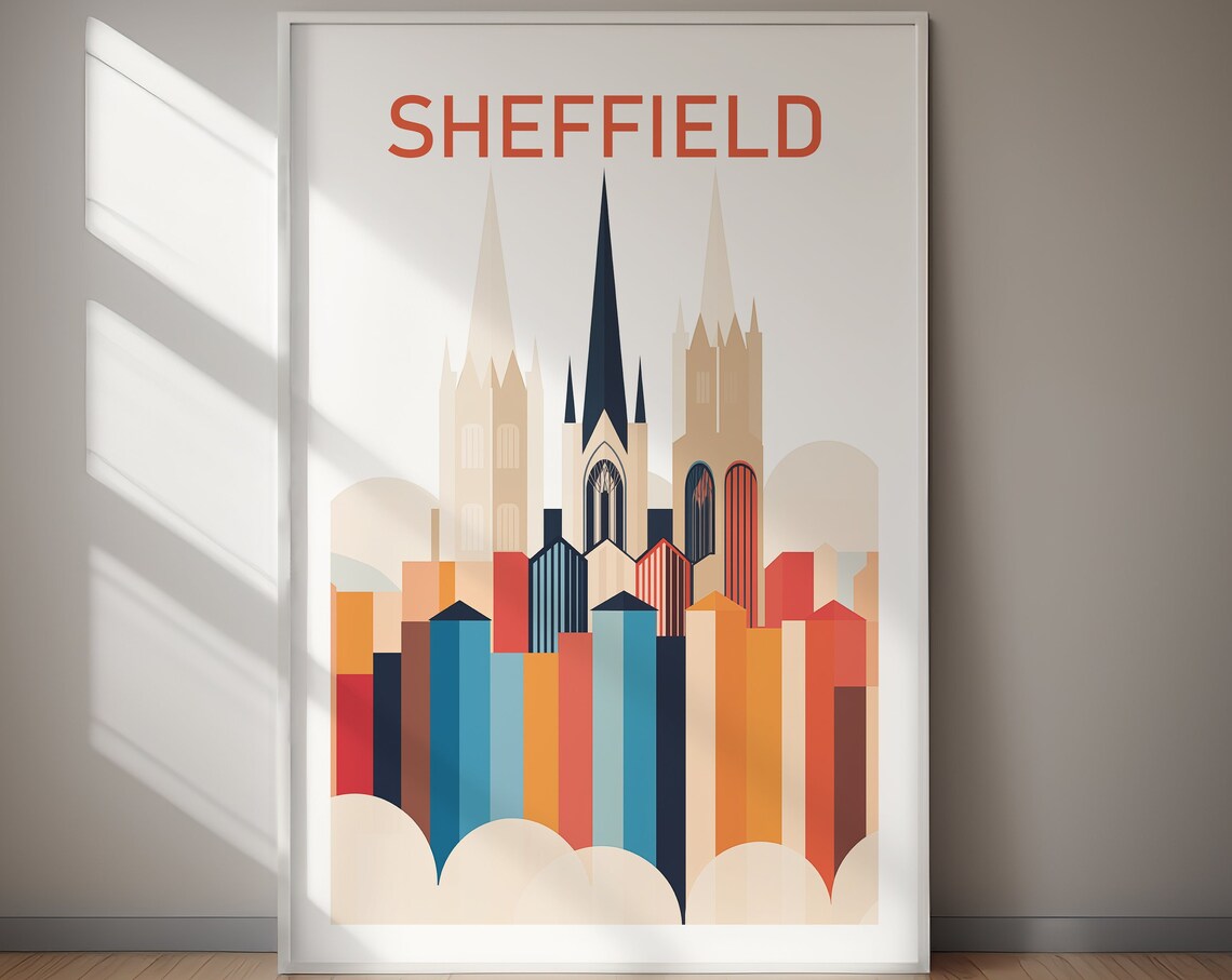 Sheffield England Retro Cathedral Skyline Cityscape Travel Poster