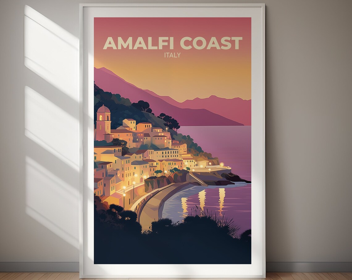 Amalfi Coast Italy Cliffside Village Sunset Seascape Travel Poster