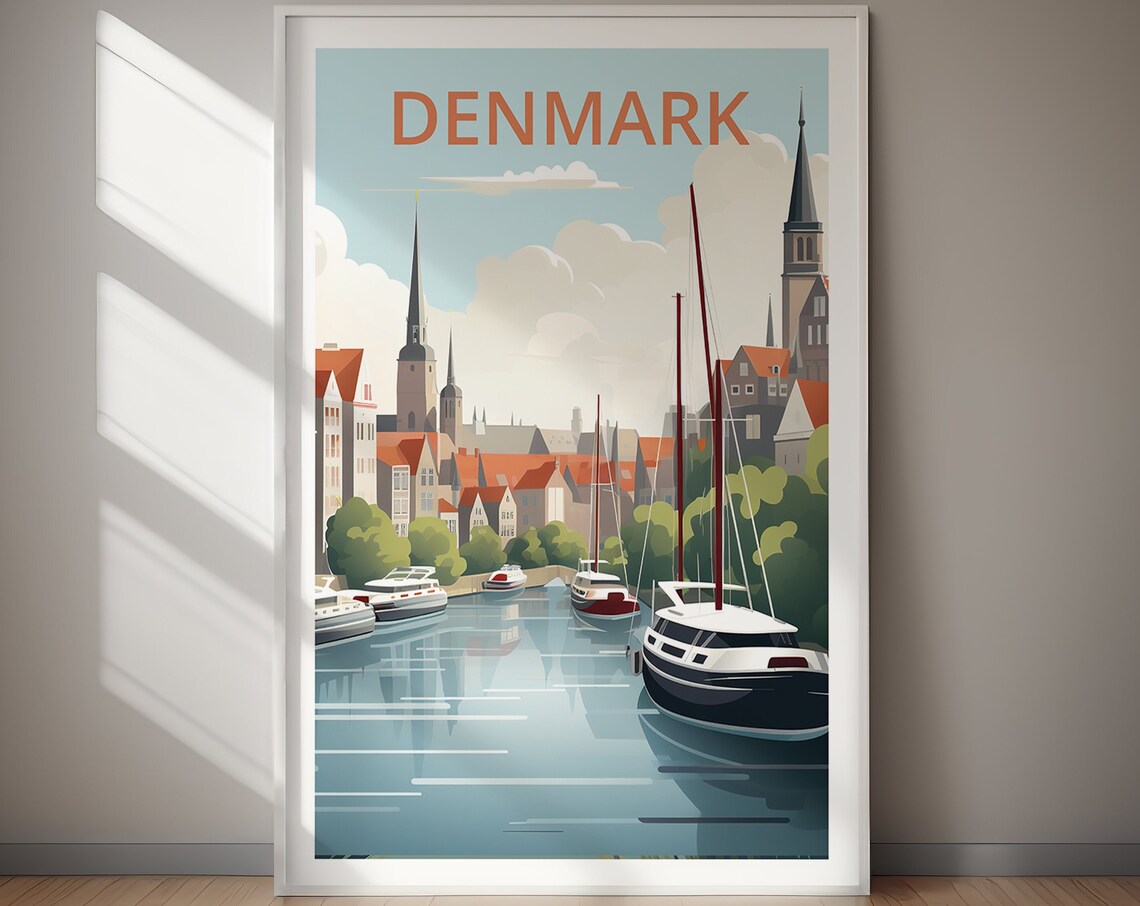 Denmark Canal Sailboats Red Roof Old Town Harbor Travel Poster - Image 2
