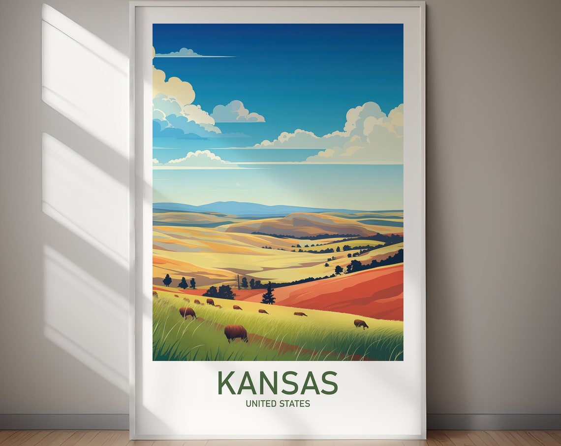 Kansas Prairie Bison Rolling Hills Vintage Landscape Scene Poster