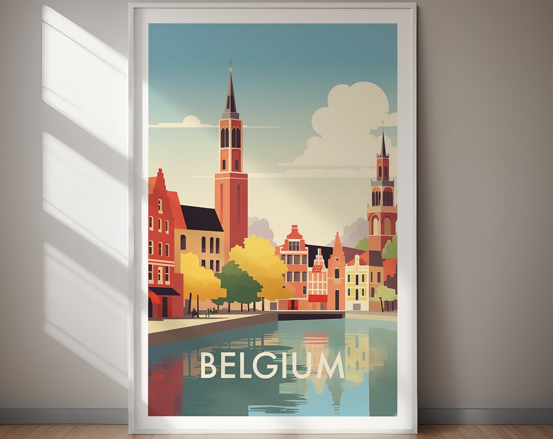 Belgium Canal Town Historic Church Towers Reflection Travel Poster
