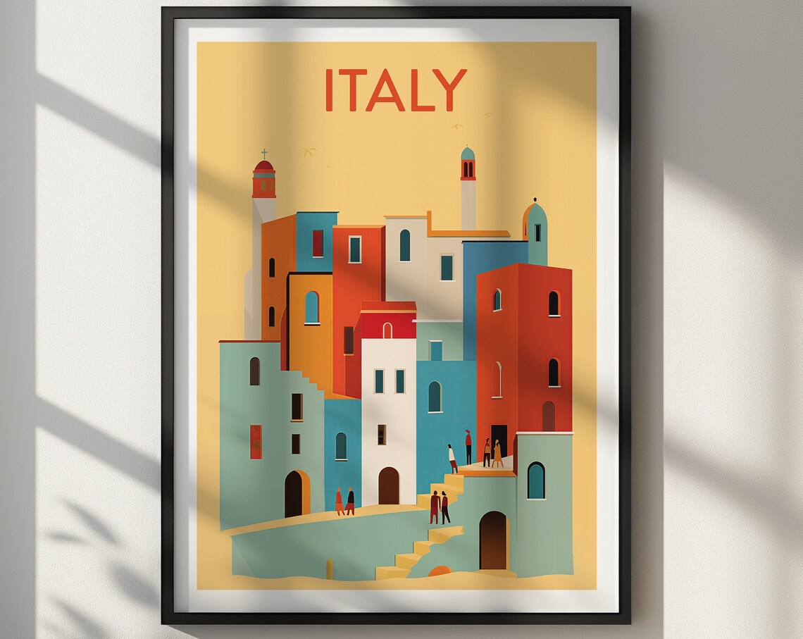 Italy Colorful Coastal Village Geometric Retro Travel Art Poster - Image 2