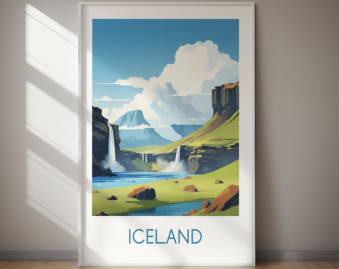 Iceland Waterfall Canyon Green Valley Retro Style Travel Poster - Image 2