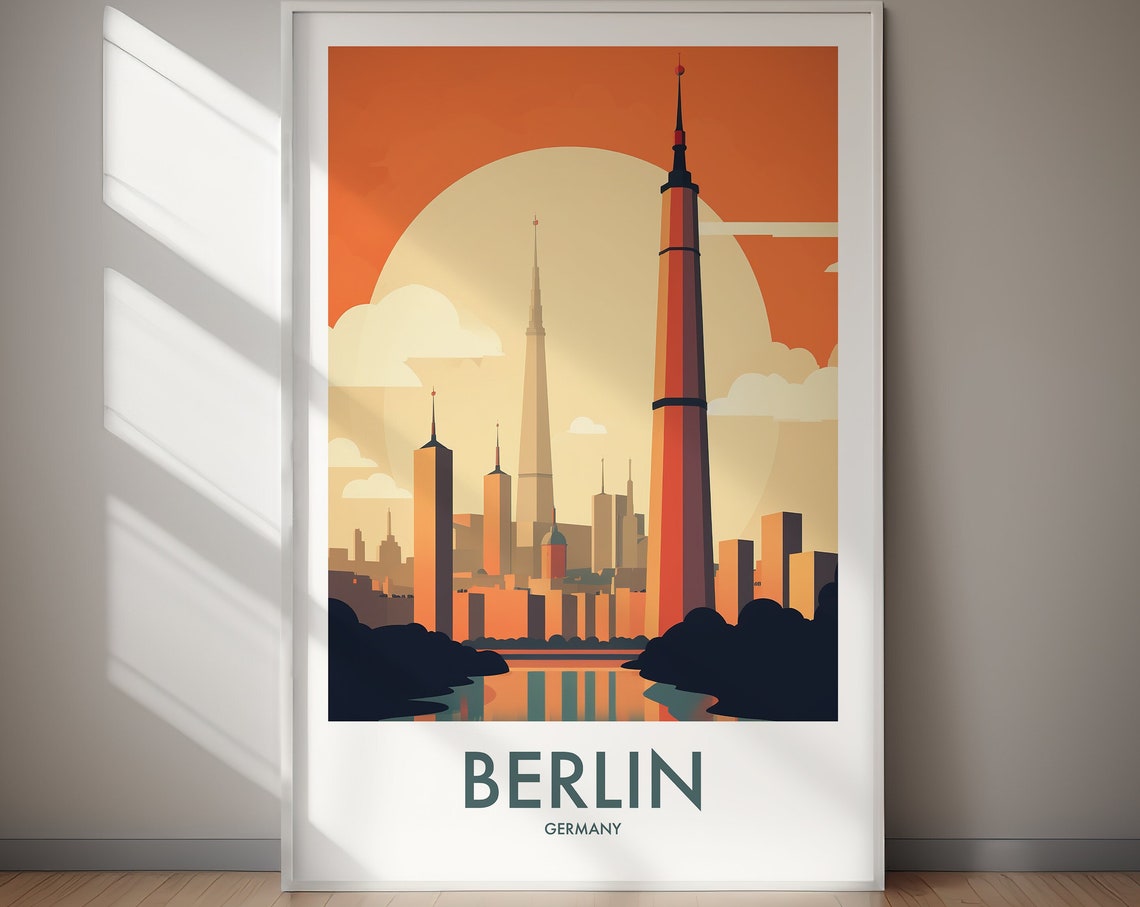 Berlin Germany Skyline Sunset Tower Landmark Retro Travel Poster