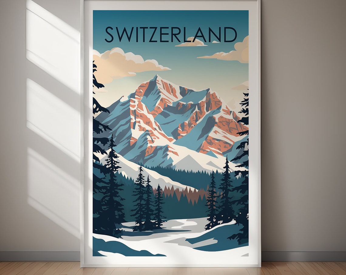 Switzerland Snowy Alpine Peak Pine Forest Mountain Travel Poster - Image 2