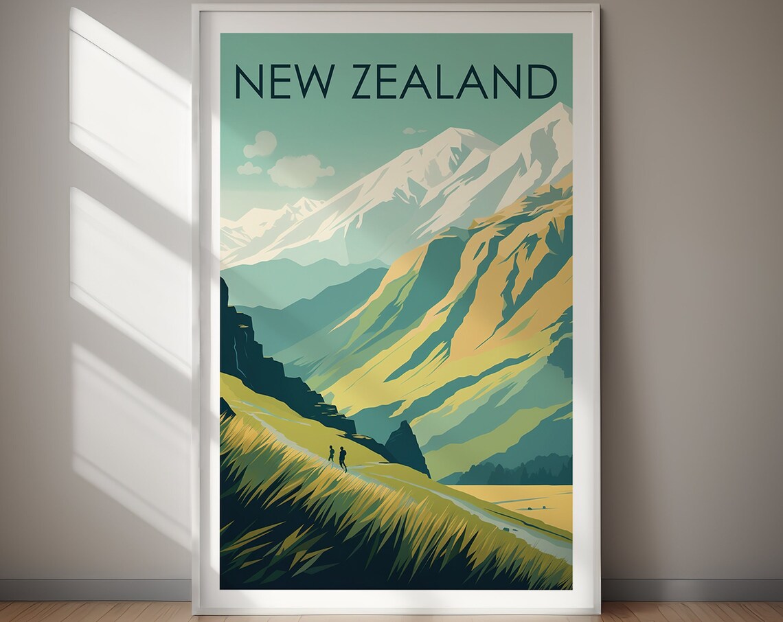 New Zealand Snow Peaks Valley Hikers Alpine Vintage Travel Poster - Image 2