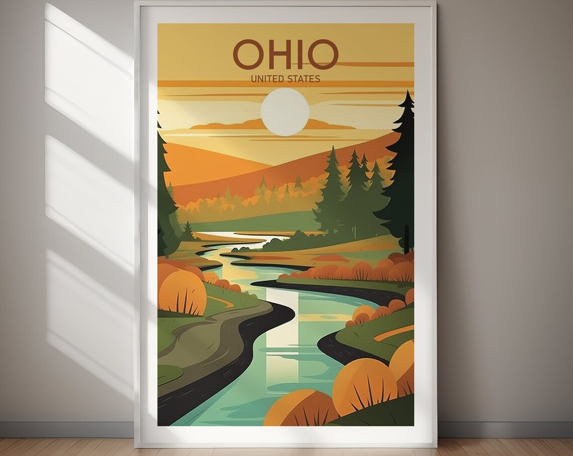 Ohio Winding Pine River Golden Sunset Vintage Retro Travel Poster