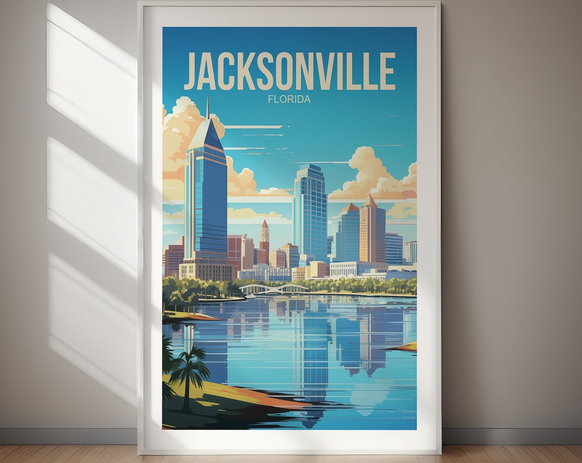 Jacksonville Florida Skyline River Reflection Palms Travel Poster