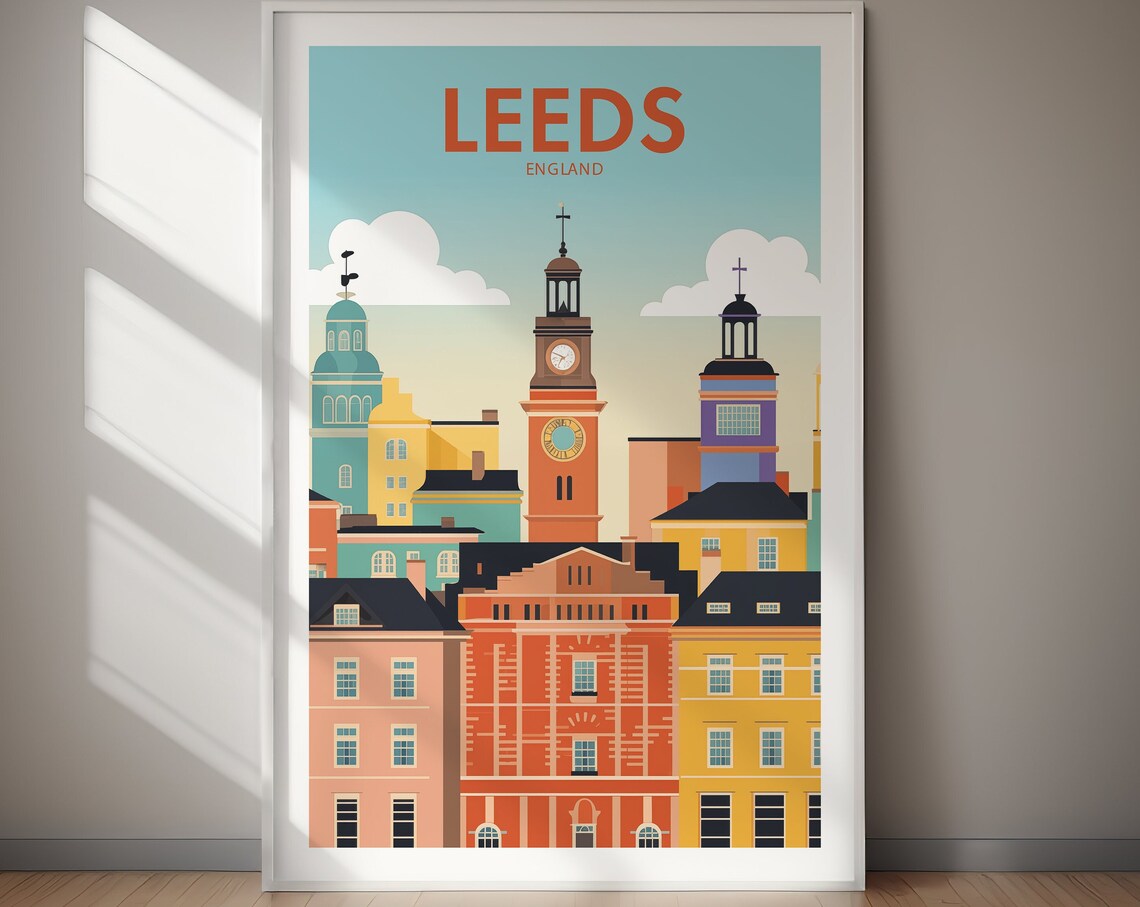 Leeds England Colorful Flat Illustration Skyline City Poster