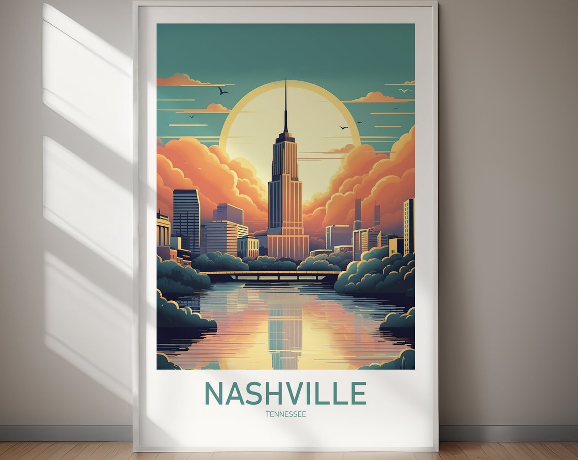 Nashville Tennessee Skyline Sunset Retro Travel Poster River Artwork