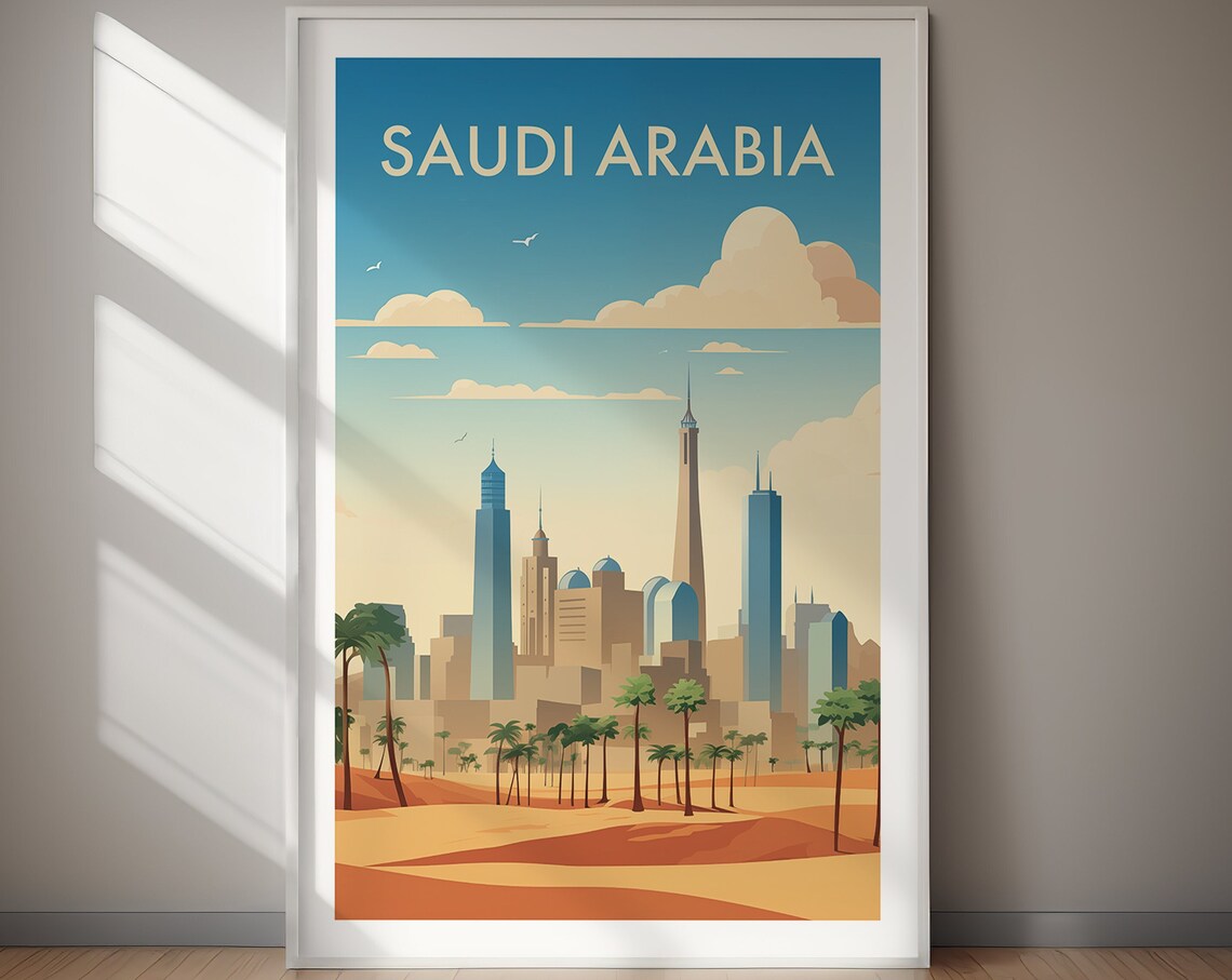 Saudi Arabia Golden Desert Skyline Sunset Palm Retro Travel Poster - Image 2
