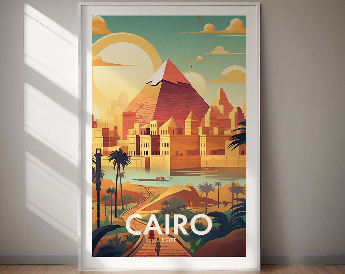Cairo Egypt Pyramids Desert Oasis Sunset Retro Vintage Travel Poster