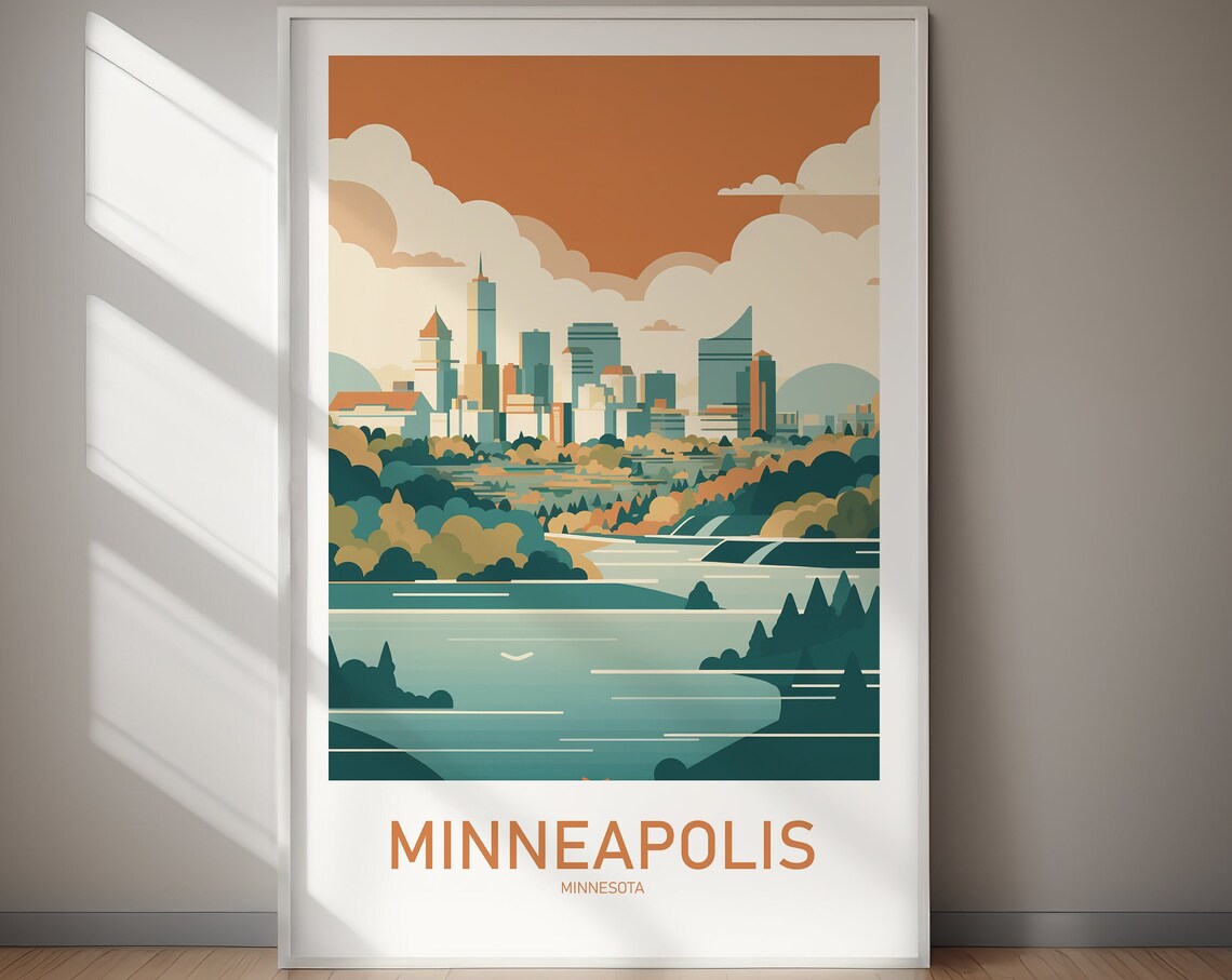 Minneapolis Minnesota Skyline River Sunset Vintage Travel Poster