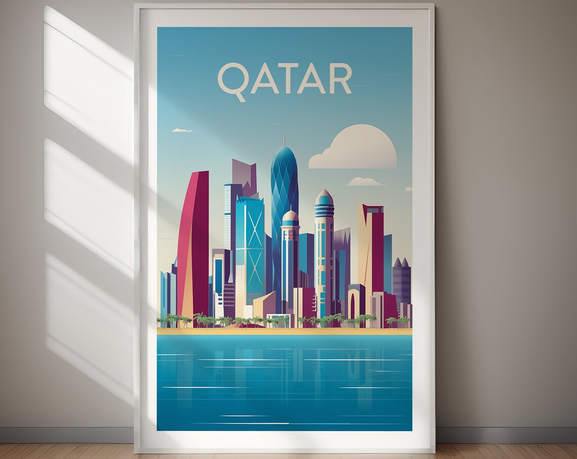 Qatar Colorful Modern Skyline Waterfront Retro Style Travel Poster - Image 2