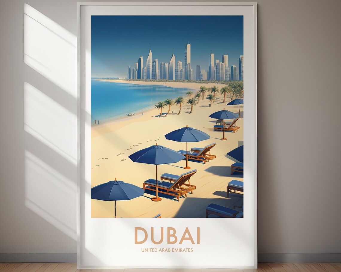 Dubai United Arab Emirates Beach Skyline Travel Poster Sun Sea Art