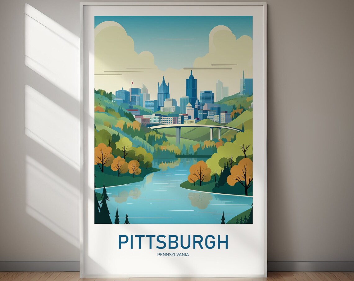 Pittsburgh Pennsylvania Skyline River Bridge Retro Travel Poster Art
